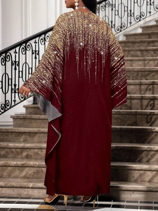 SHEIN Lady فستان أنيق طويل عنابي بياقة مستديرة