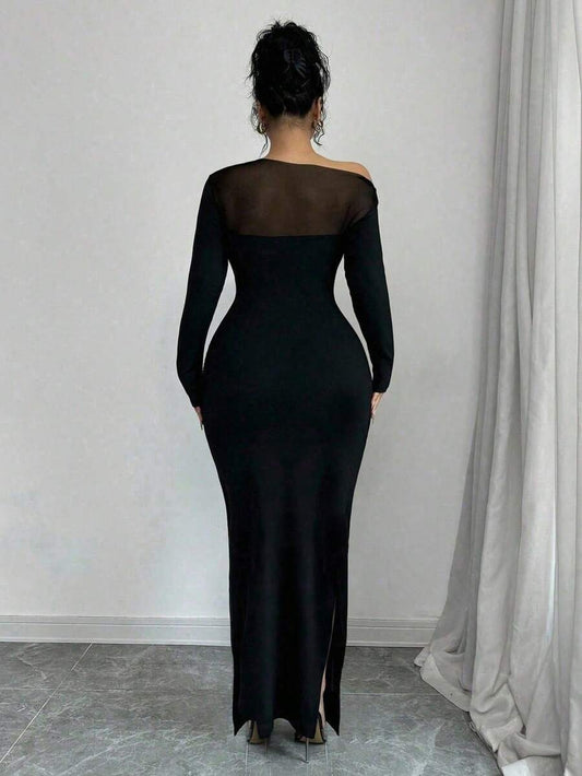 SHEIN INAWLY فستان بكتف مائل بلون أسود