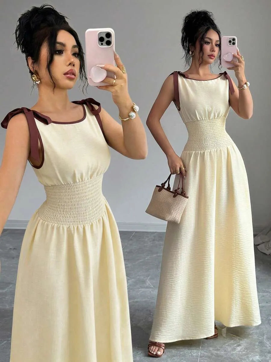 SHEIN Selianne A فستان طويل بياقة قارب وربطة عنق بخصر