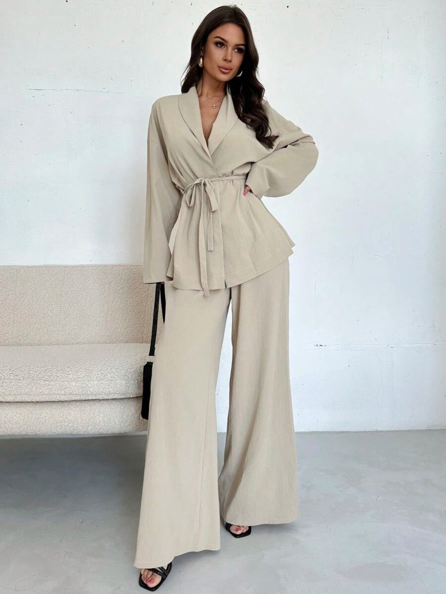 SHEIN Firerie طقم أنيق بربطة خصر وجاكيت واسع وبنطلون خصر عالي بلون بيج كاكي
