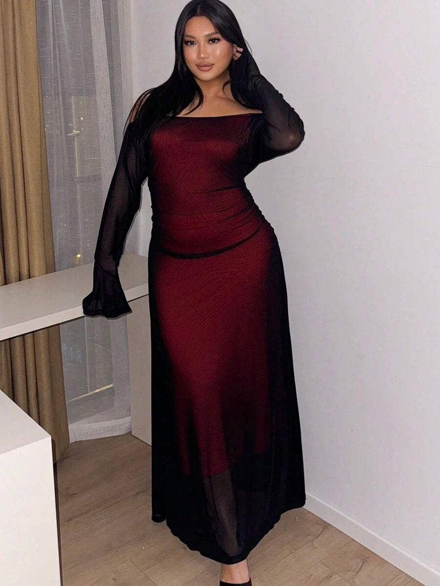 SHEIN فستان أنيق أحمر بطبقة شبكية على الكتف وأكمام طويلة