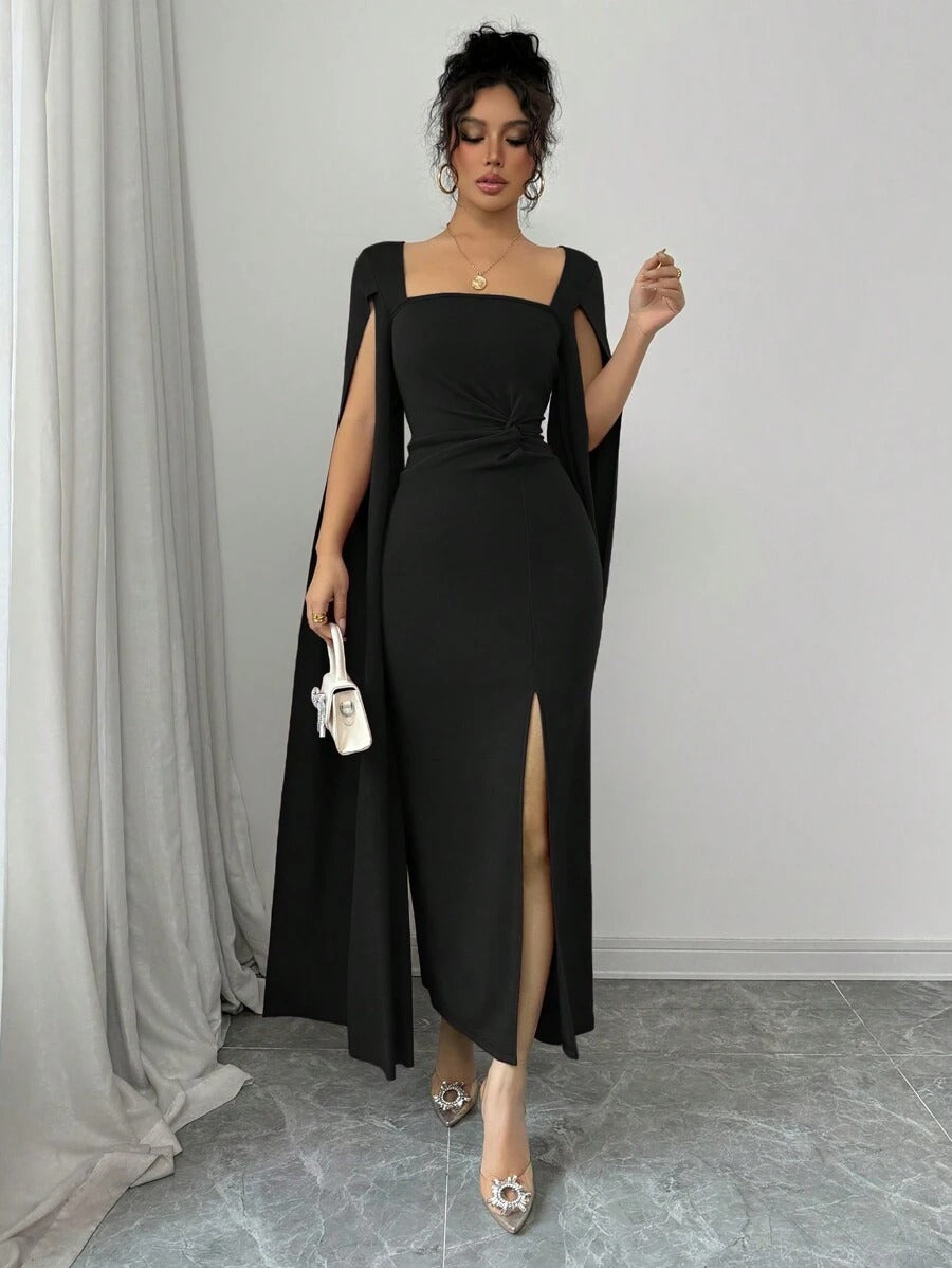 SHEIN Rafferiza فستان أسود ضيق بياقة مربعة