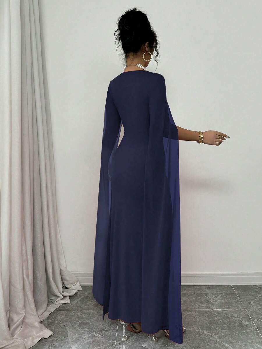 SHEIN Rafferiza فستان طويل بلون أزرق بحري مزين بالفصوص