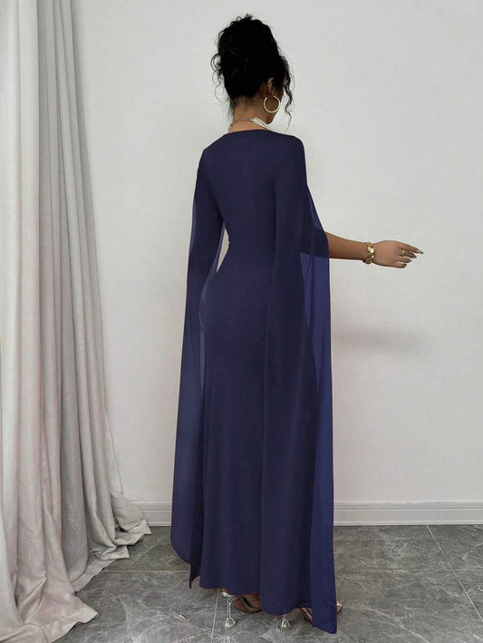 SHEIN Rafferiza فستان طويل بلون أزرق بحري مزين بالفصوص