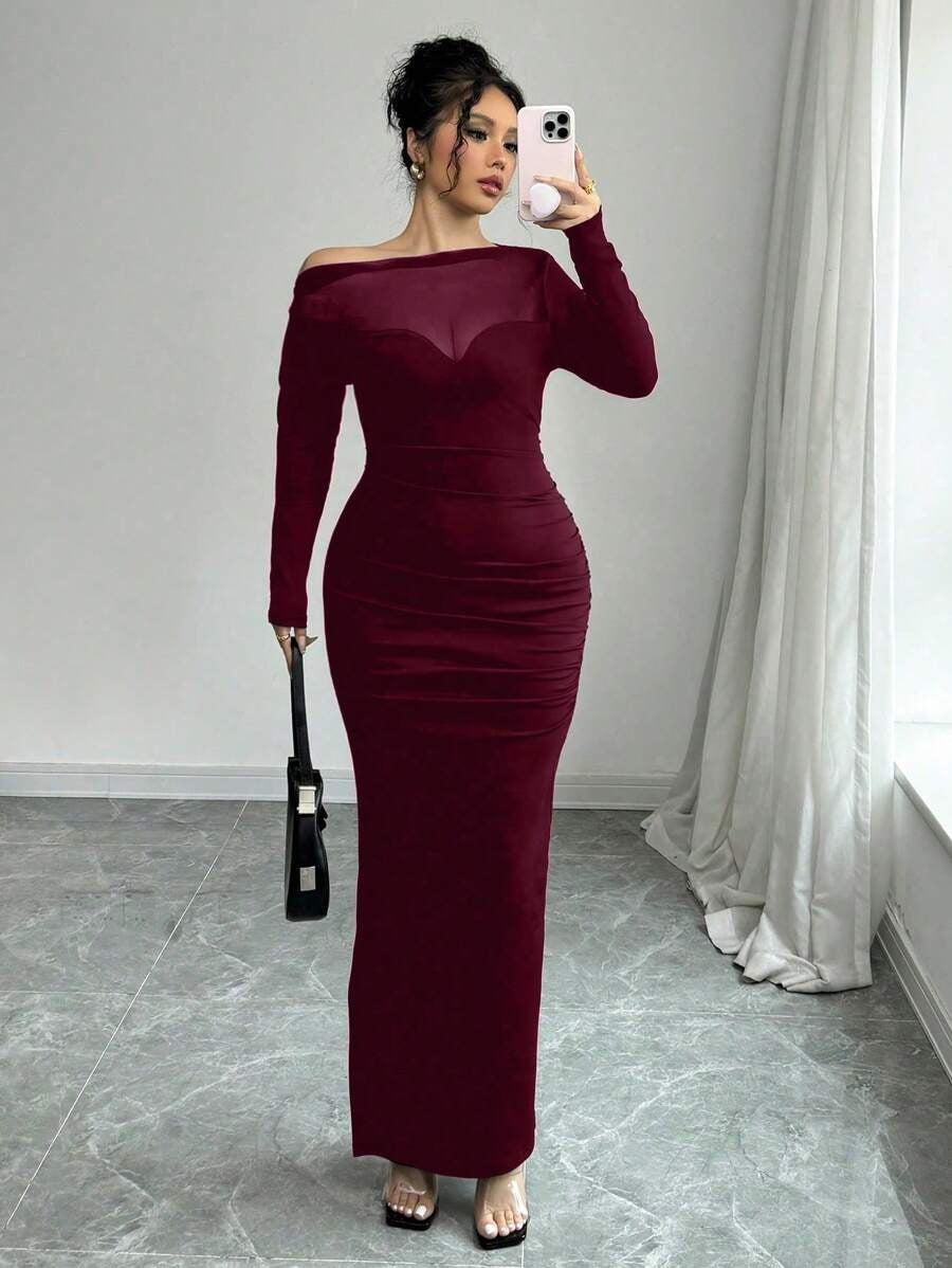 SHEIN INAWLY فستان بكتف مائل بلون عنابي