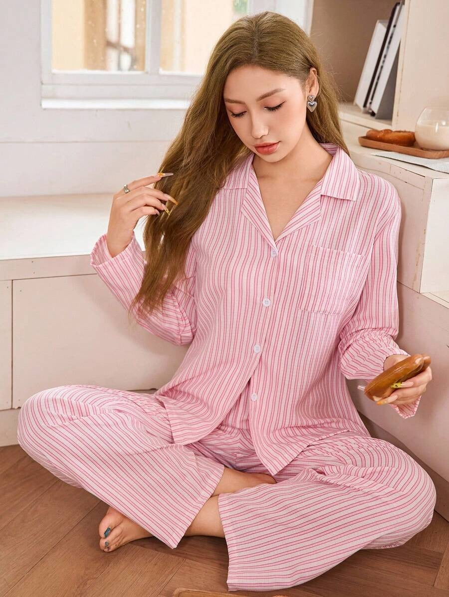 SHEIN طقم بيجامة خريفية من قطعتين وردي