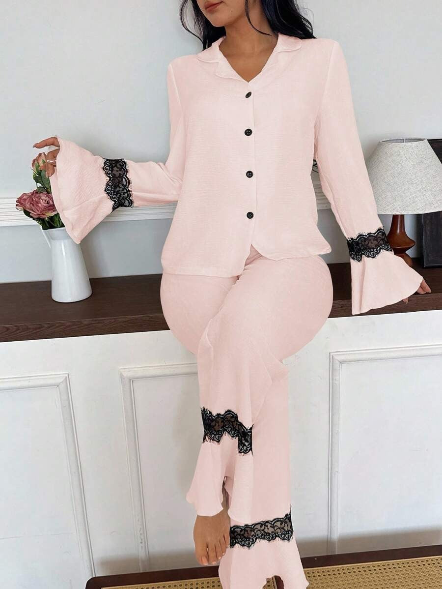 SHEIN طقم بيجامة وردي ناعم بدانتيل وأكمام واسعة