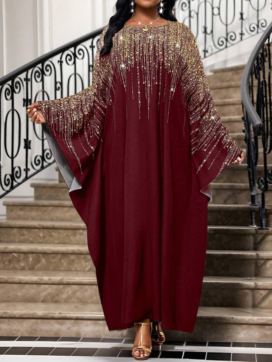 SHEIN Lady فستان أنيق طويل عنابي بياقة مستديرة