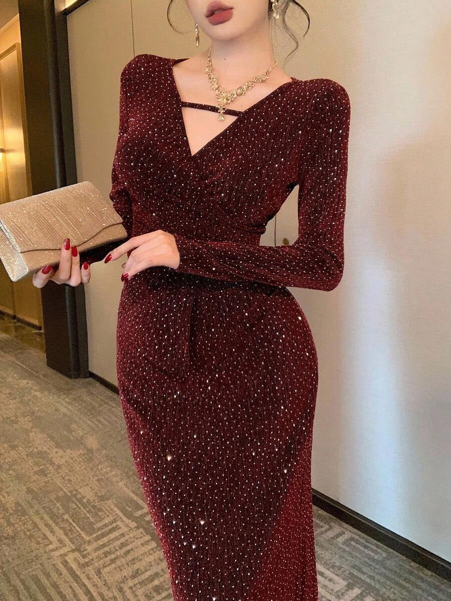 SHEIN DAZY فستان سهرة أحمر أنيق مرصع بالراين الأحمر