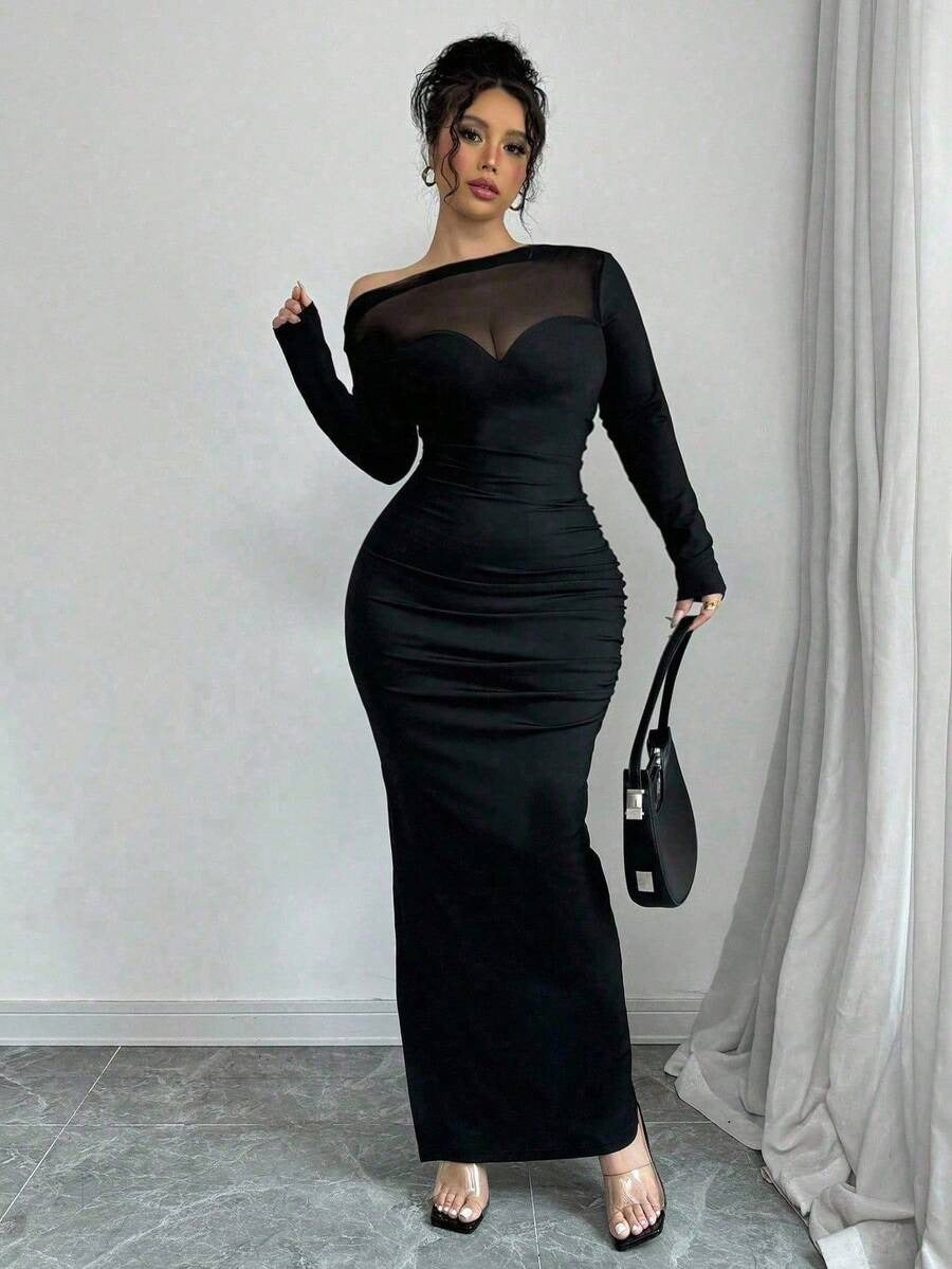 SHEIN INAWLY فستان بكتف مائل بلون أسود