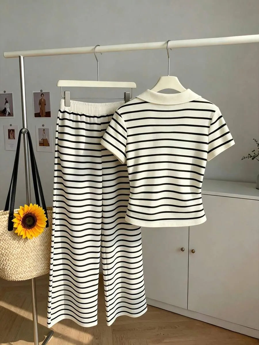 SHEIN Resyla طقم نسائي صيفي من قطعتين بتصميم مخطط بولو وبنطال واسع