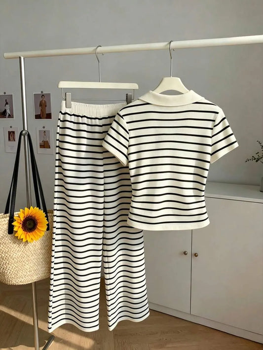SHEIN Resyla طقم نسائي قطعتين مخطط قميص وبنطلون كاجوال