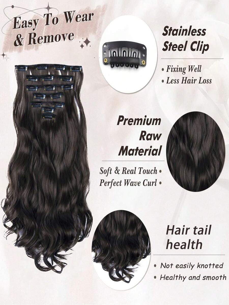 SHEIN طقم 7 قطع وصلات شعر بمشبك بلون أسود بني