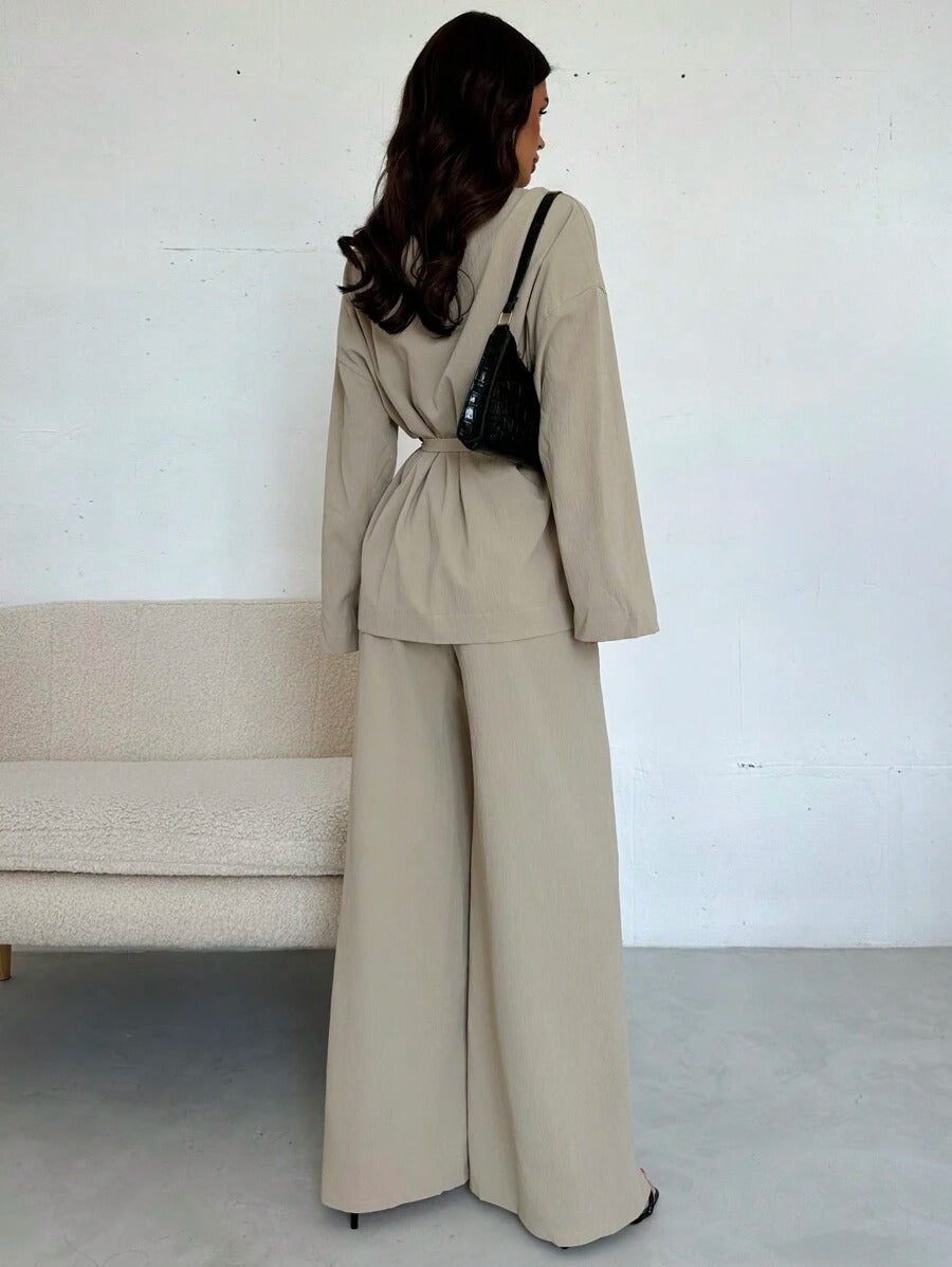 SHEIN Firerie طقم أنيق بربطة خصر وجاكيت واسع وبنطلون خصر عالي بلون بيج كاكي