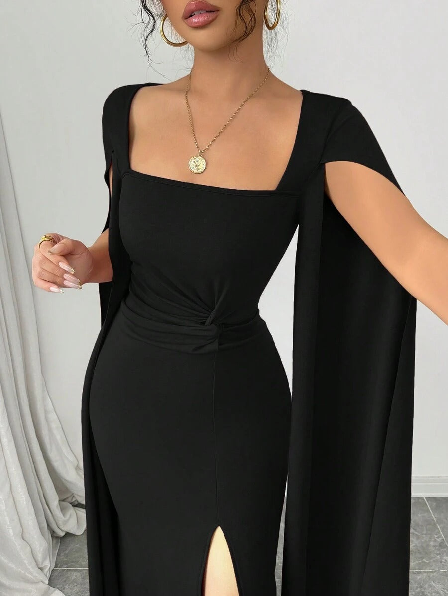 SHEIN Rafferiza فستان أسود ضيق بياقة مربعة