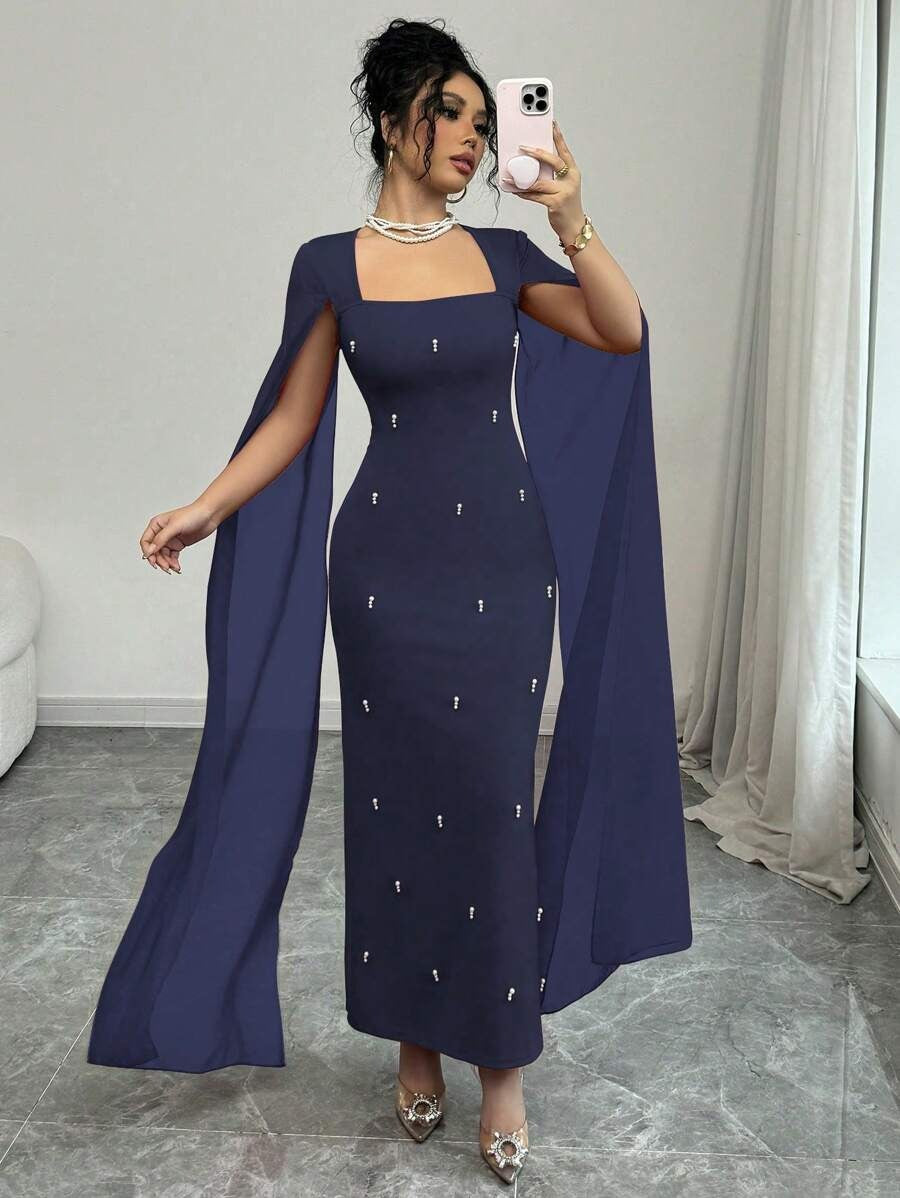 SHEIN Rafferiza فستان طويل بلون أزرق بحري مزين بالفصوص