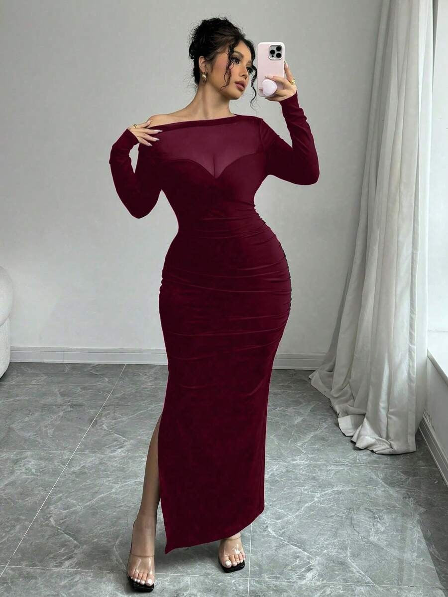 SHEIN INAWLY فستان بكتف مائل بلون عنابي