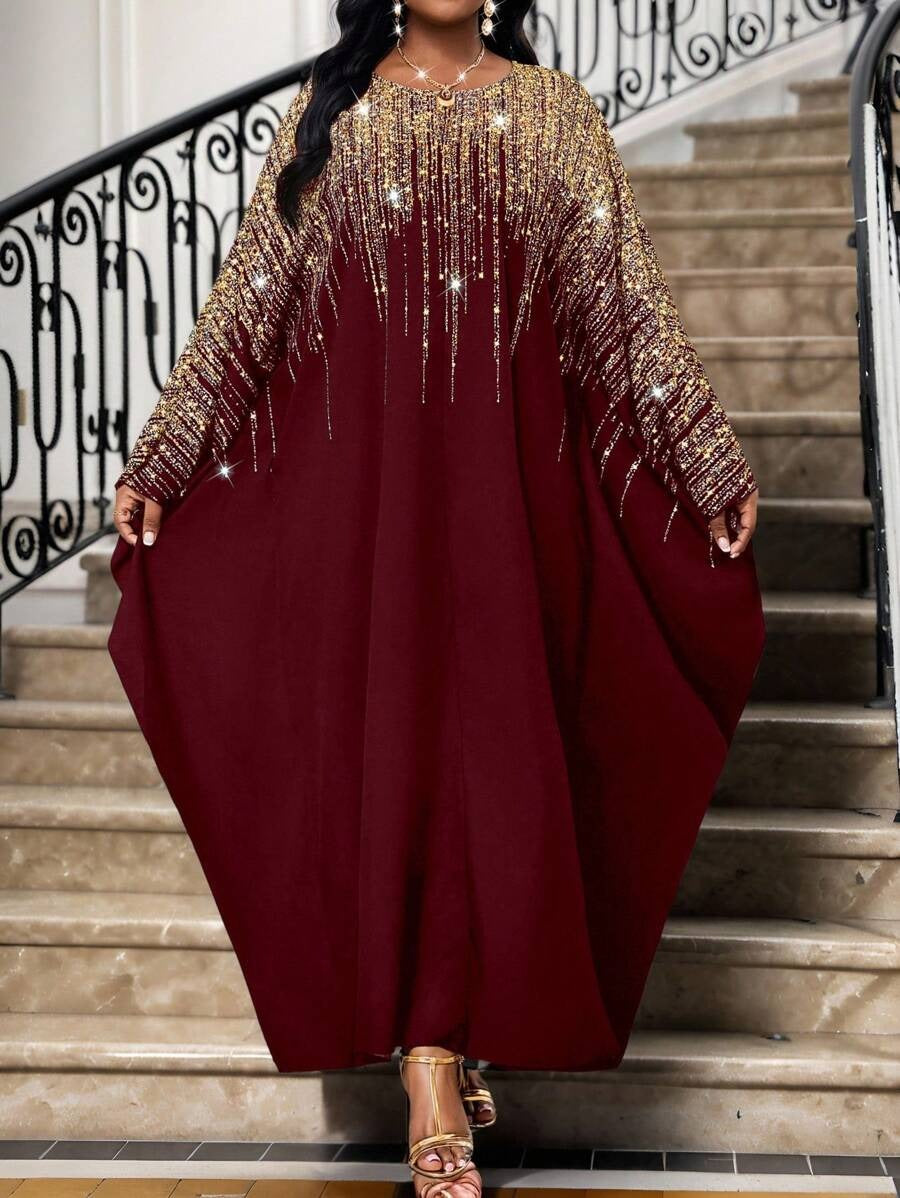 SHEIN Lady فستان أنيق طويل عنابي بياقة مستديرة