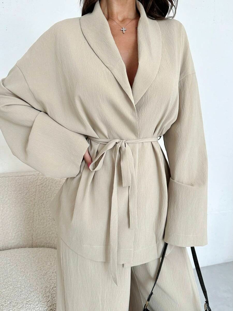 SHEIN Firerie طقم أنيق بربطة خصر وجاكيت واسع وبنطلون خصر عالي بلون بيج كاكي