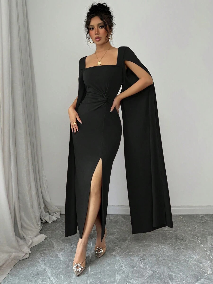 SHEIN Rafferiza فستان أسود ضيق بياقة مربعة