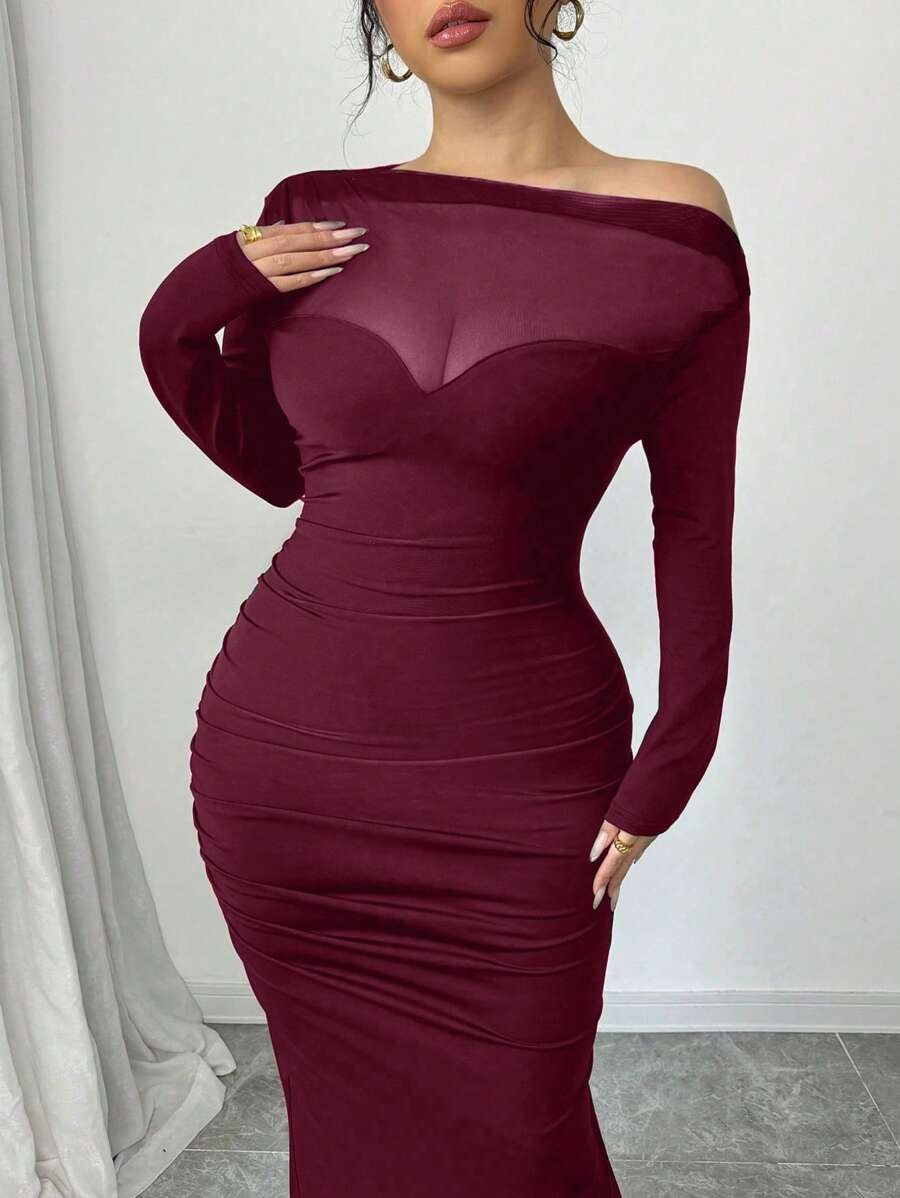 SHEIN INAWLY فستان بكتف مائل بلون عنابي
