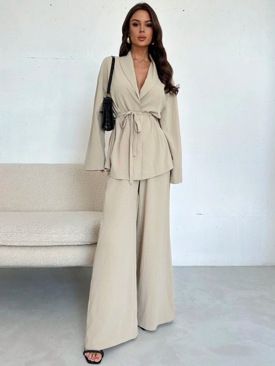 SHEIN Firerie طقم أنيق بربطة خصر وجاكيت واسع وبنطلون خصر عالي بلون بيج كاكي