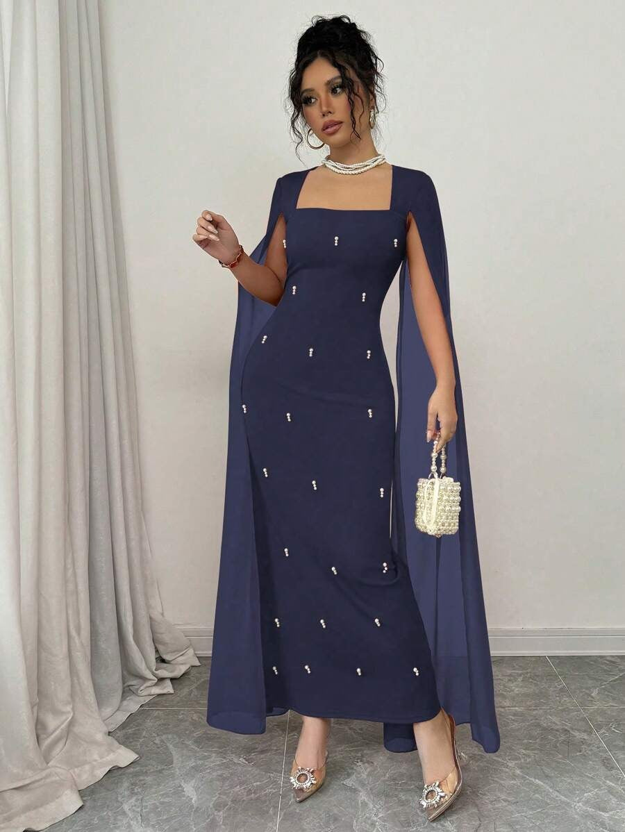 SHEIN Rafferiza فستان طويل بلون أزرق بحري مزين بالفصوص