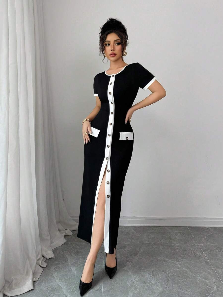 SHEIN فستان أنيق باللون الأسود و الأبيض مزين بأزرار أمامية