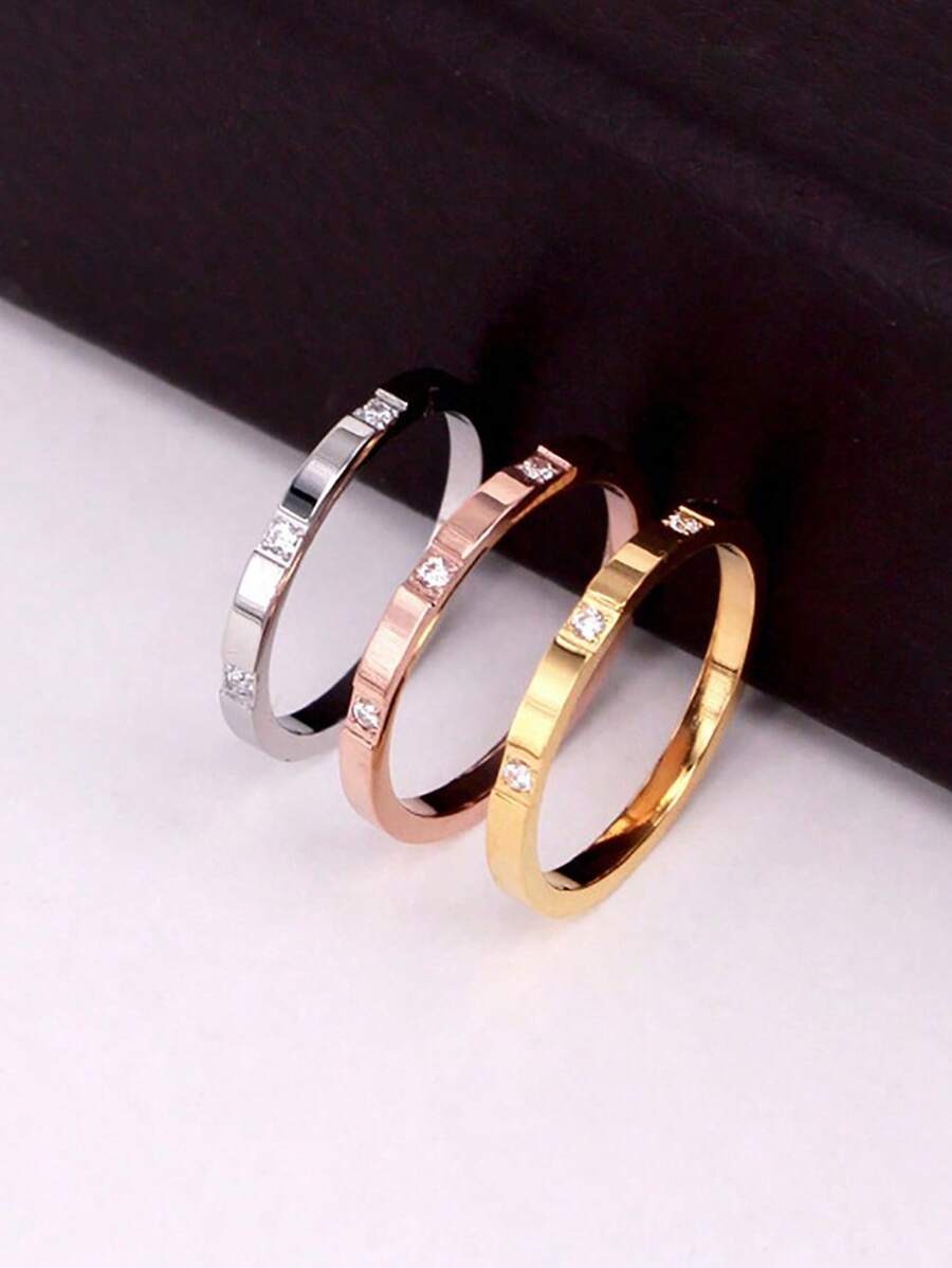 SHEIN مجموعة 3 خواتم ستانلس ستيل بحجارة زركونيا