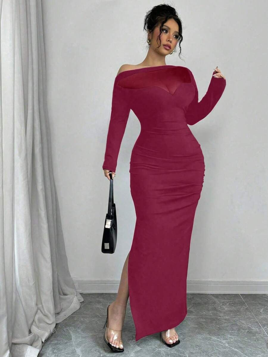 SHEIN INAWLY فستان بكتف مائل بلون عنابي