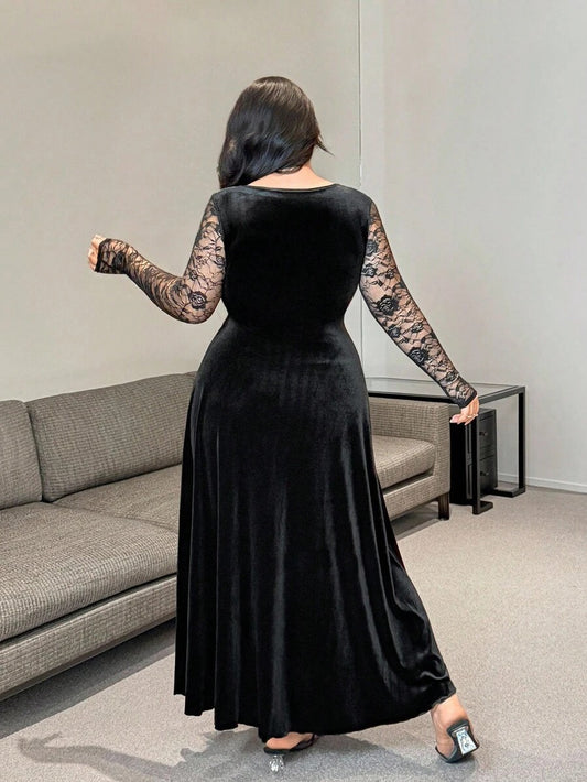 SHEIN Vibekara فستان ماكسي أنيق مخملي أسود بأكمام طويلة