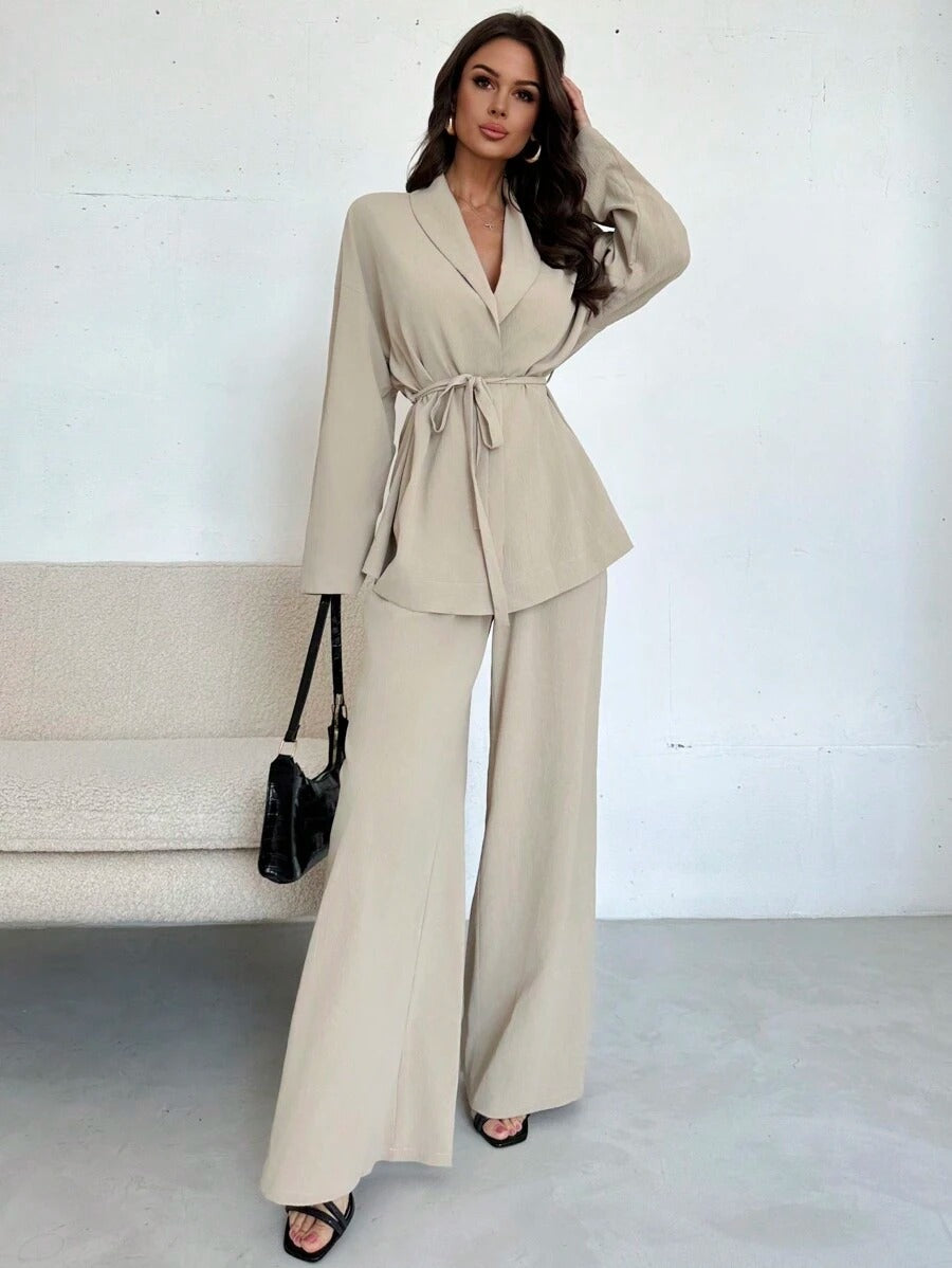SHEIN Firerie طقم أنيق بربطة خصر وجاكيت واسع وبنطلون خصر عالي بلون بيج كاكي