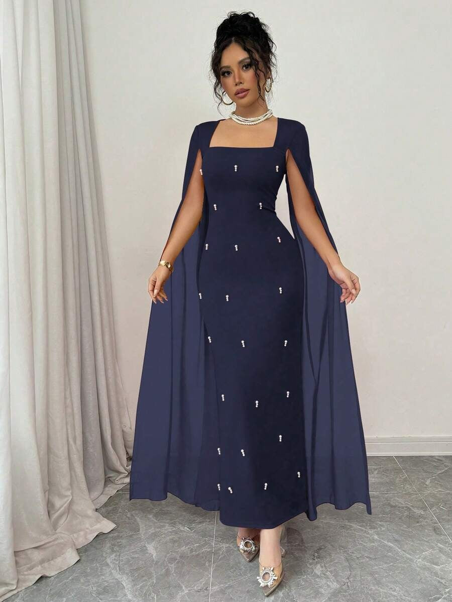 SHEIN Rafferiza فستان طويل بلون أزرق بحري مزين بالفصوص