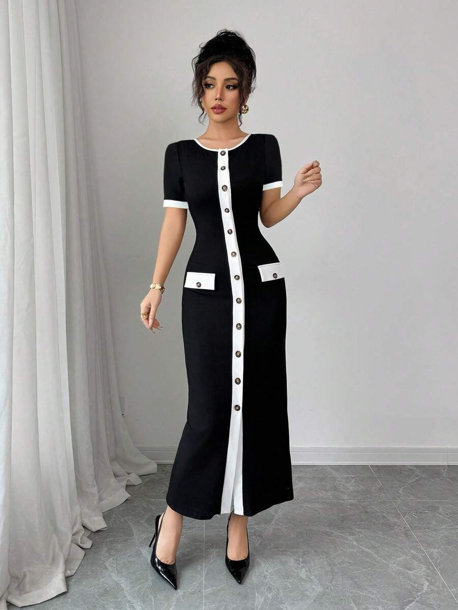 SHEIN فستان أنيق باللون الأسود و الأبيض مزين بأزرار أمامية