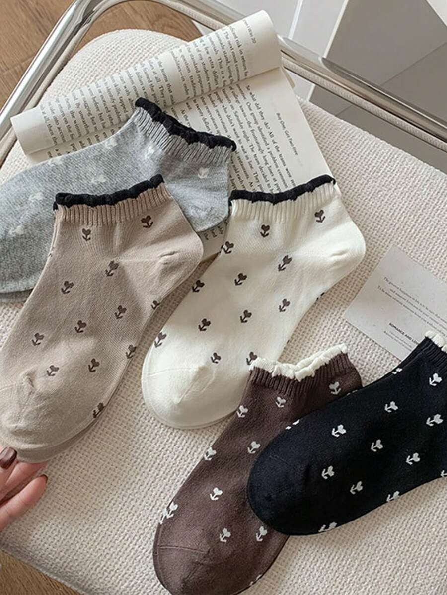 SHEIN ٥ أزواج جوارب كاحل بنقش زهور وألوان ناعمة