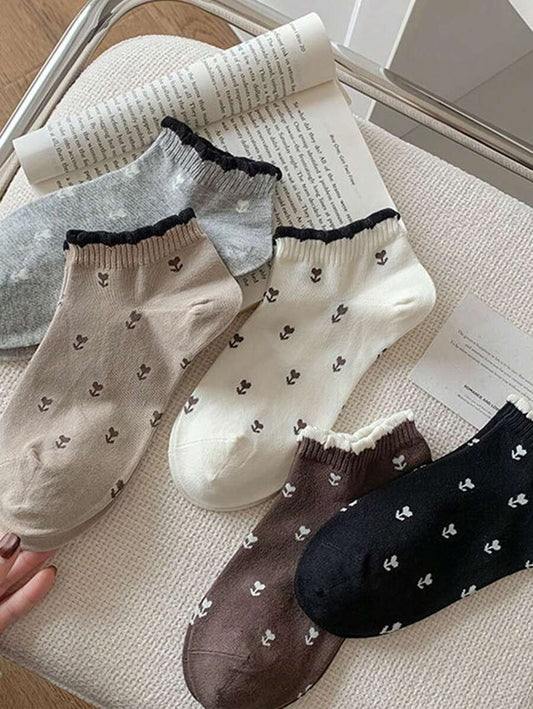 SHEIN ٥ أزواج جوارب كاحل بنقش زهور وألوان ناعمة