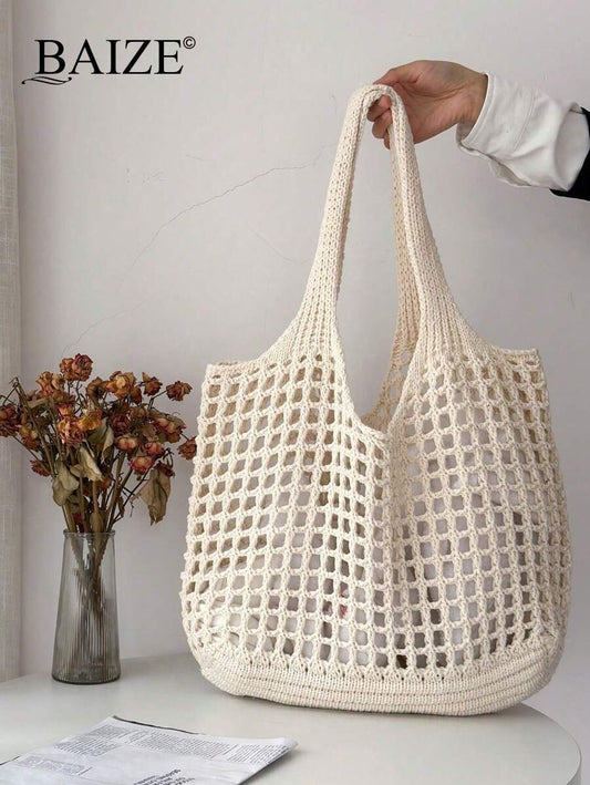 SHEIN حقيبة كتف كروشيه واسعة وعملية بتصميم كاجوال لون بيج
