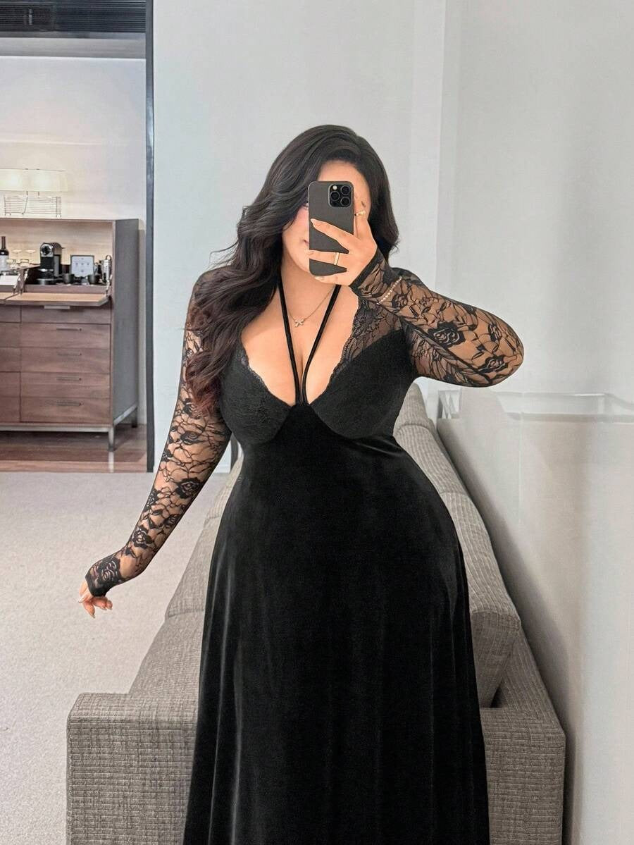 SHEIN Vibekara فستان ماكسي أنيق مخملي أسود بأكمام طويلة