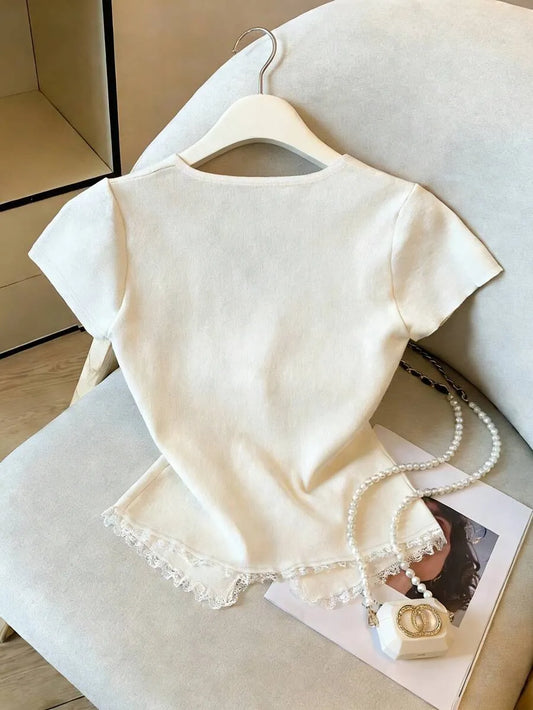 SHEIN GlowEve  بلوزة محبوكة ودانتيل متباين