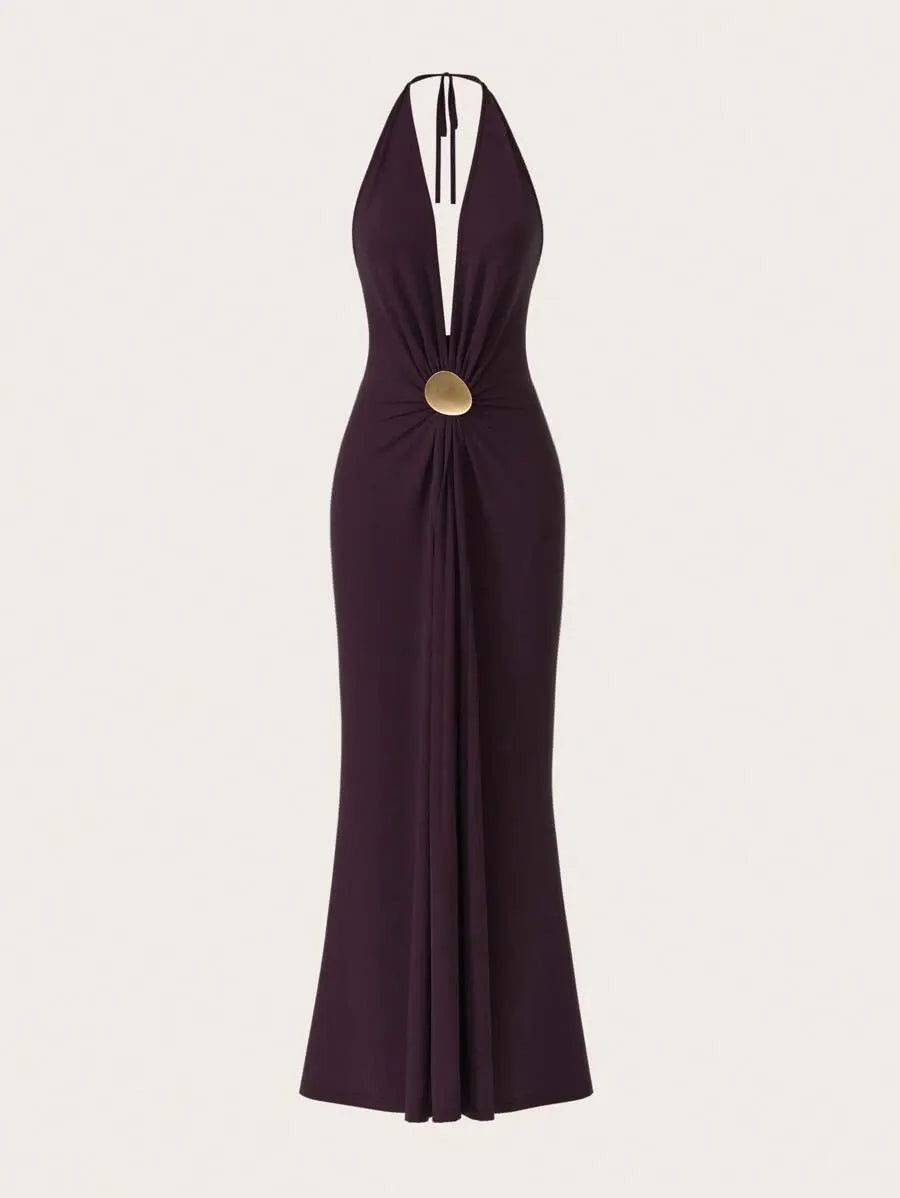 SHEIN Opulessa فستان عنابي محبوك بظهر مفتوح