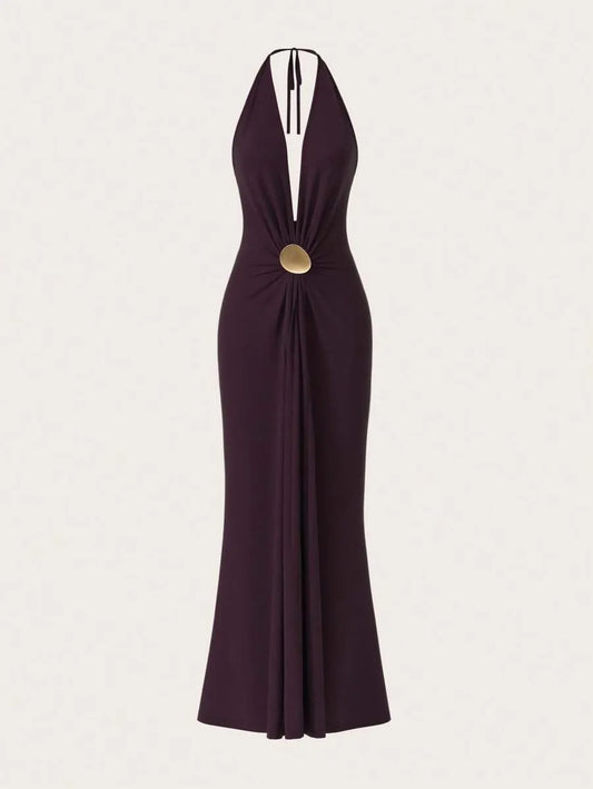 SHEIN Opulessa فستان عنابي محبوك بظهر مفتوح