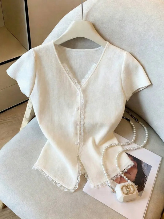 SHEIN GlowEve  بلوزة محبوكة ودانتيل متباين
