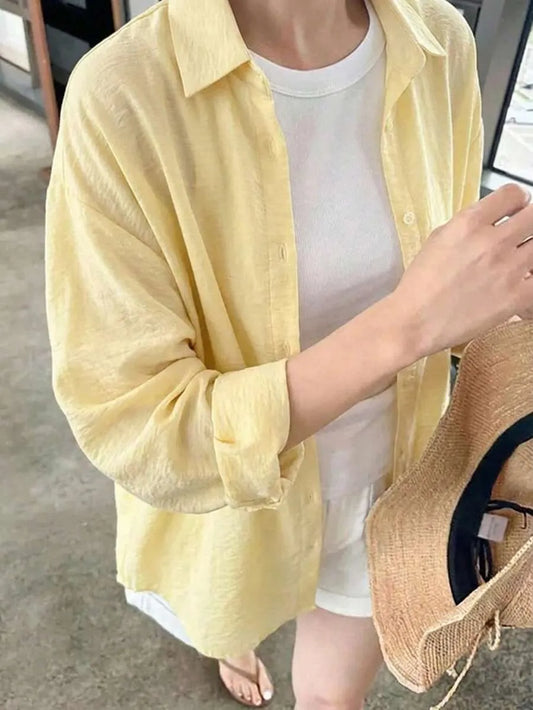 SHEIN DAZY قميص نسائي فضفاض بأكمام طويلة بلون أصفر