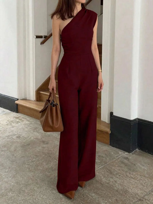 SHEIN PETITE جمبسوت أنيقة بكتف واحد وساق واسعة باللون العنابي من