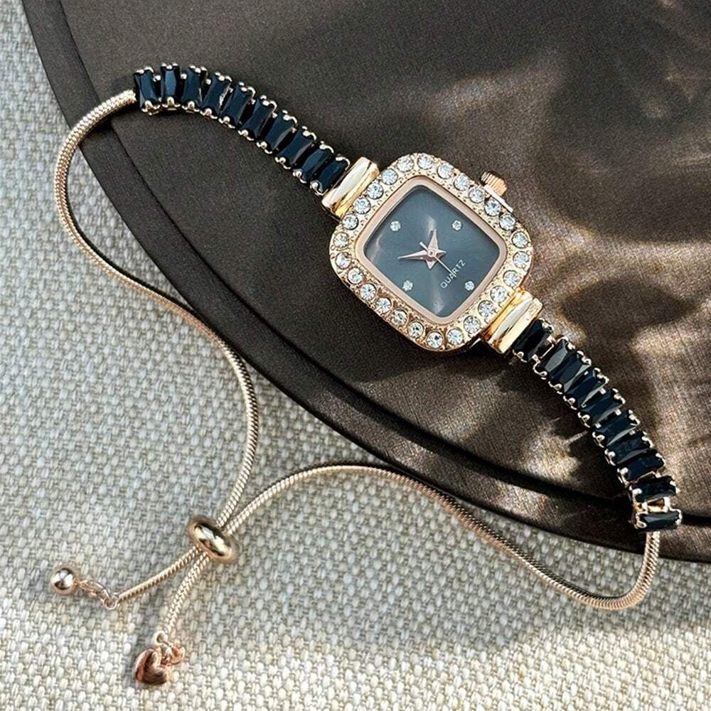 SHEIN ساعة معصم نسائية كوارتز سوداء قابلة للتعديل