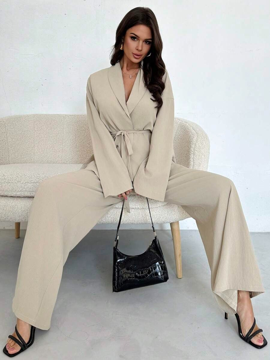 SHEIN Firerie طقم أنيق بربطة خصر وجاكيت واسع وبنطلون خصر عالي بلون بيج كاكي