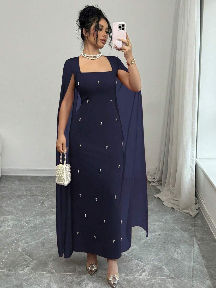 SHEIN Rafferiza فستان طويل بلون أزرق بحري مزين بالفصوص