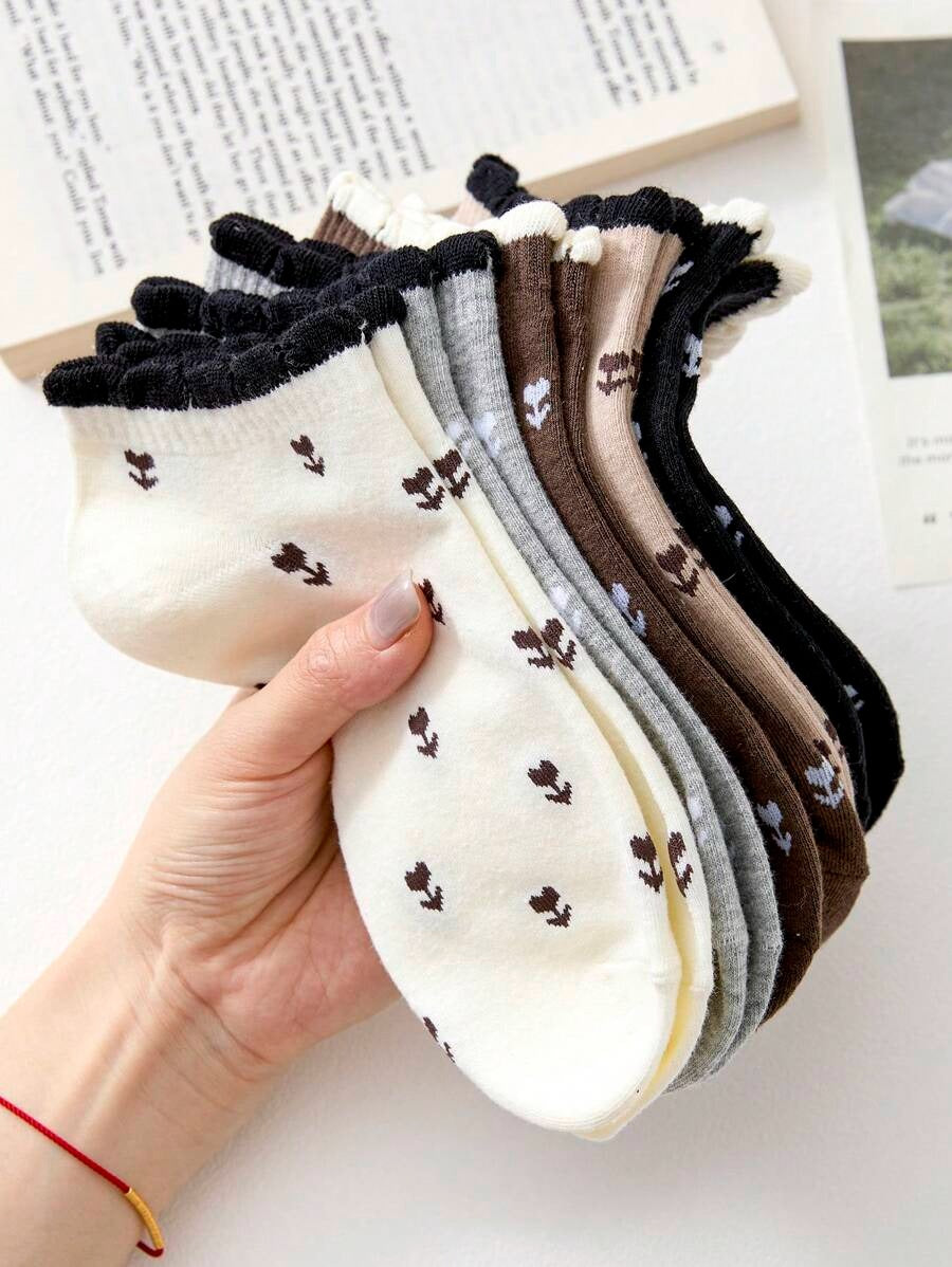SHEIN ٥ أزواج جوارب كاحل بنقش زهور وألوان ناعمة