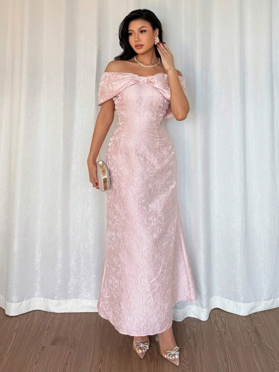 SHEIN Rafferiza فستان ساتان وردي  بكتف شكل فيونكة