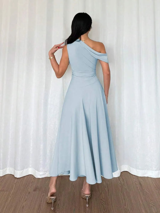 SHEIN Elenzga فستان أزرق فاتح بكشكش كتف طراز فرنسي بوهيمي غير متماثل